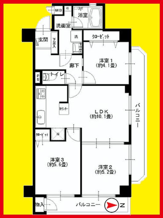 Floor plan. 3LDK, Price 25,900,000 yen, Occupied area 57.15 sq m , Balcony area 11.25 sq m
