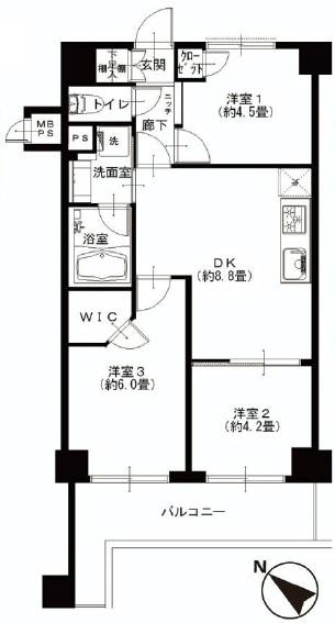 Floor plan. 3DK, Price 27,900,000 yen, Occupied area 51.12 sq m , Balcony area 8.33 sq m