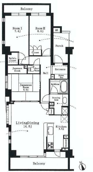 Floor plan. 3LDK, Price 34,800,000 yen, Occupied area 84.79 sq m , Balcony area 14.86 sq m