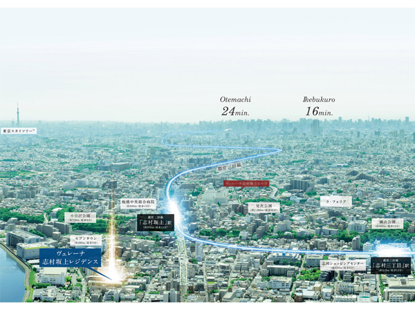 Surrounding environment. Direct connection to the Otemachi. Direct 24 minutes, Also to Ikebukuro 16 minutes. (Helicopter shot ※ Which was subjected to a CG processing on aerial photographs of the 2013 September shooting, In fact a slightly different)