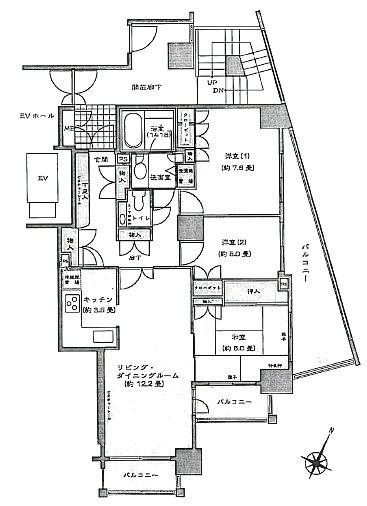 Floor plan. 3LDK, Price 42,500,000 yen, Occupied area 80.34 sq m , Balcony area 19.06 sq m