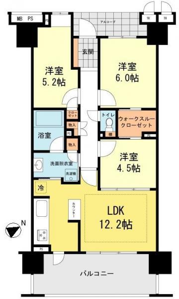Floor plan. 3LDK, Price 35,700,000 yen, Occupied area 65.69 sq m , Balcony area 12.4 sq m