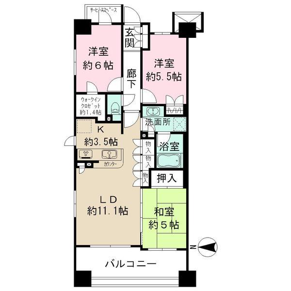 Floor plan. 3LDK, Price 34,800,000 yen, Occupied area 70.36 sq m , 3LDK of balcony area 11.48 sq m 70.36 sq m Corner dwelling unit Housing wealth (about 1.4 tatami mats of walk-in ・ closet, Closet, etc.)