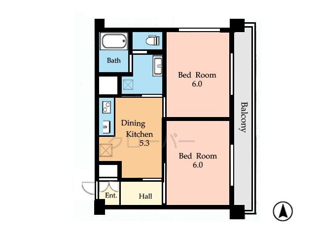 Floor plan. 2DK, Price 9.5 million yen, Occupied area 38.66 sq m , Balcony area 6.48 sq m