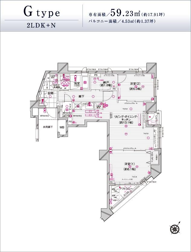 Floor plan. 1LDK, Price 26,900,000 yen, Occupied area 36.87 sq m , Balcony area 3.96 sq m G type floor plan