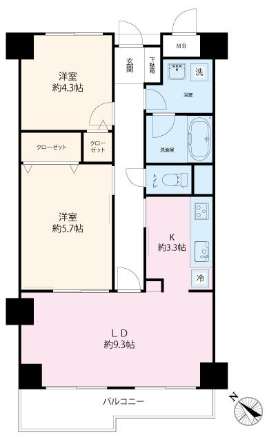 Floor plan. 2LDK, Price 21,800,000 yen, Footprint 54.5 sq m , Balcony area 6.16 sq m