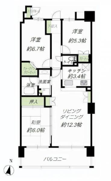 Floor plan. 3LDK, Price 37.5 million yen, Occupied area 72.47 sq m , Balcony area 11.34 sq m