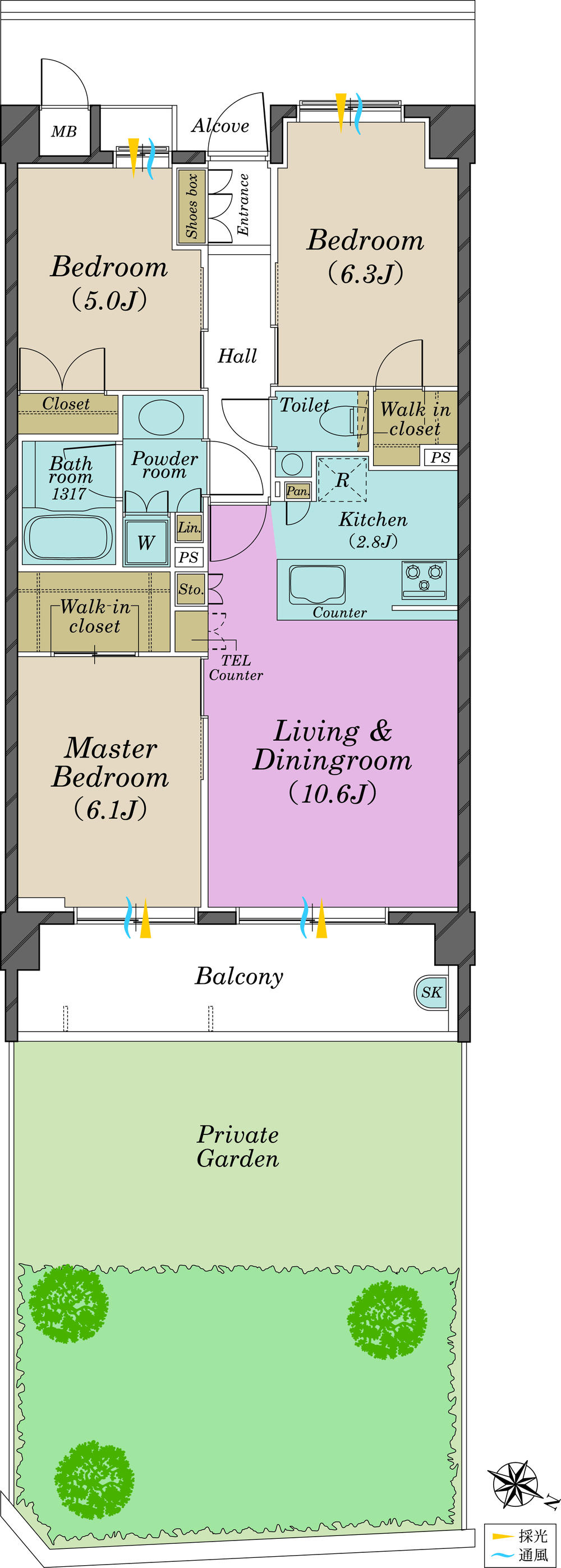 Floor plan. 3LDK, Price 31 million yen, Occupied area 68.93 sq m , Balcony area 10.08 sq m 68.93 sq m  3LDK LD: 10.6 Pledge, K: 2.8 Pledge, Western-style: 6.3 Pledge, 6.1 Pledge, 5 Pledge, Balcony: 10.08 sq m , Proprietary garden: 46.08 sq m , Bus: 1317 size