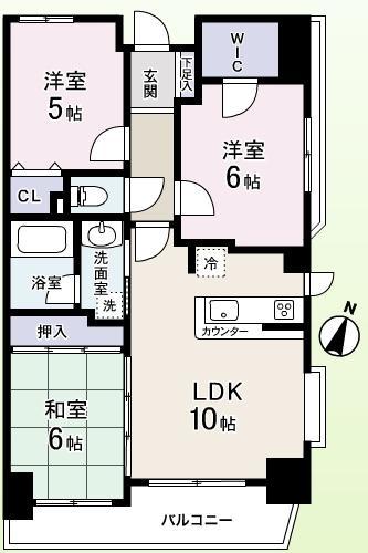 Floor plan. 3LDK, Price 33,900,000 yen, Occupied area 65.57 sq m , Balcony area 10.17 sq m