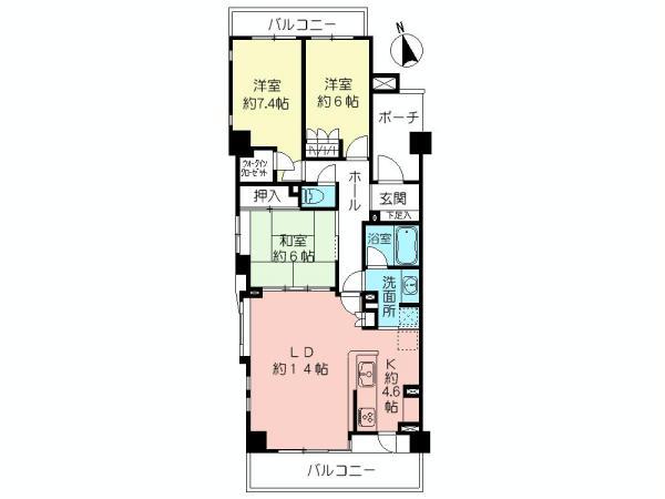 Floor plan. 3LDK, Price 34,800,000 yen, Occupied area 84.79 sq m , Balcony area 14.86 sq m 3LDK