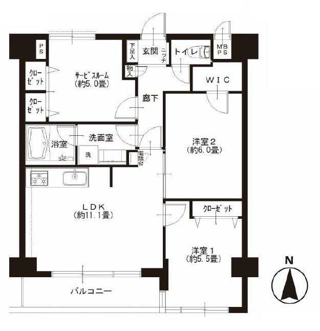 Floor plan. 2LDK + S (storeroom), Price 34,900,000 yen, Occupied area 63.33 sq m , Balcony area 5.66 sq m