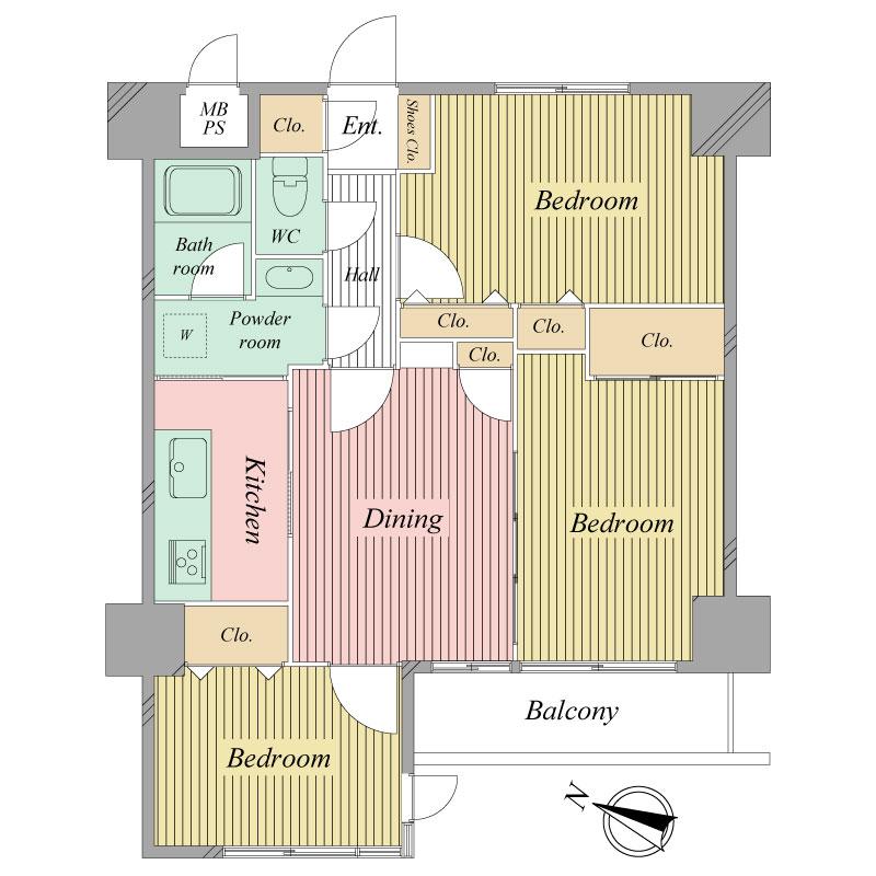 Floor plan. 3DK, Price 27,800,000 yen, Occupied area 60.15 sq m , Balcony area 4.8 sq m