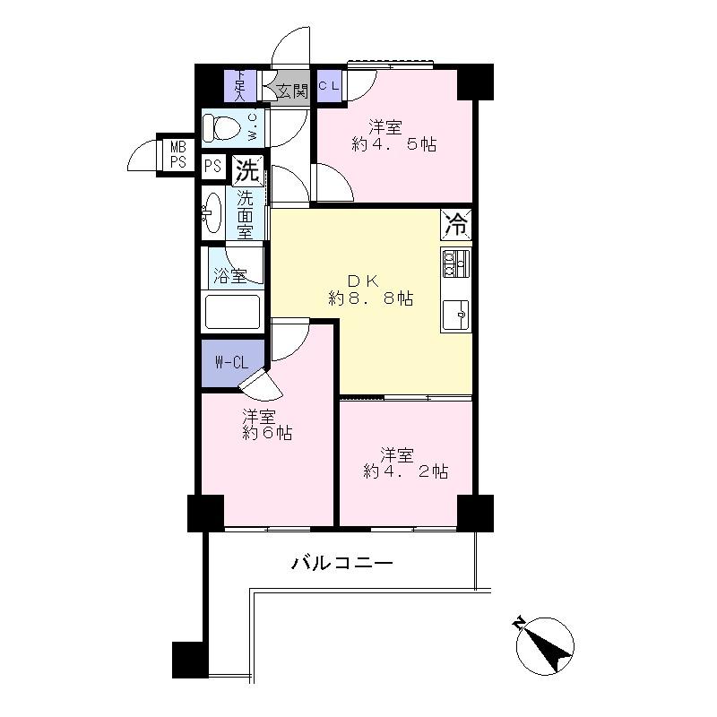 Floor plan. 3DK, Price 27,900,000 yen, Occupied area 51.12 sq m , Balcony area 8.33 sq m