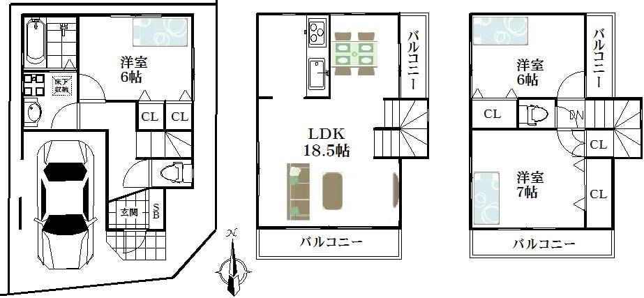 Floor plan. (B Building), Price 49,800,000 yen, 3LDK, Land area 58.8 sq m , Building area 99.21 sq m