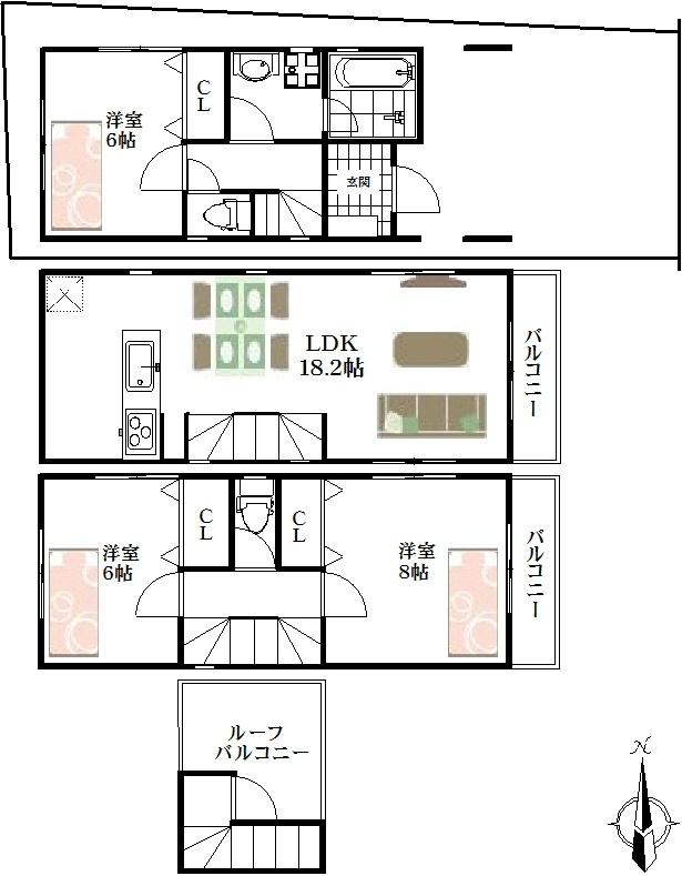 Floor plan. (D Building), Price 45,800,000 yen, 3LDK, Land area 59.69 sq m , Building area 100.44 sq m