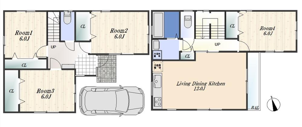 Floor plan. 34,600,000 yen, 4LDK, Land area 87.96 sq m , Building area 89.63 sq m 4LDK + P With carport! 