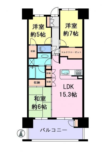 Floor plan. 3LDK, Price 32,800,000 yen, Footprint 76 sq m , Balcony area 12.1 sq m ◎ balcony facing south