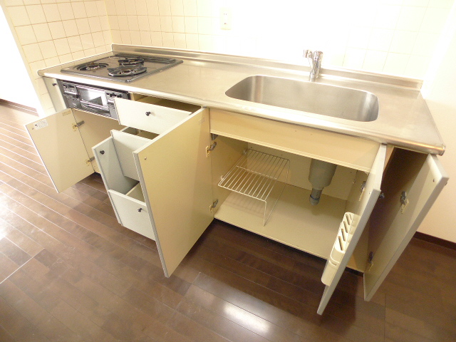 Kitchen. There is storage space of large capacity in the kitchen bottom