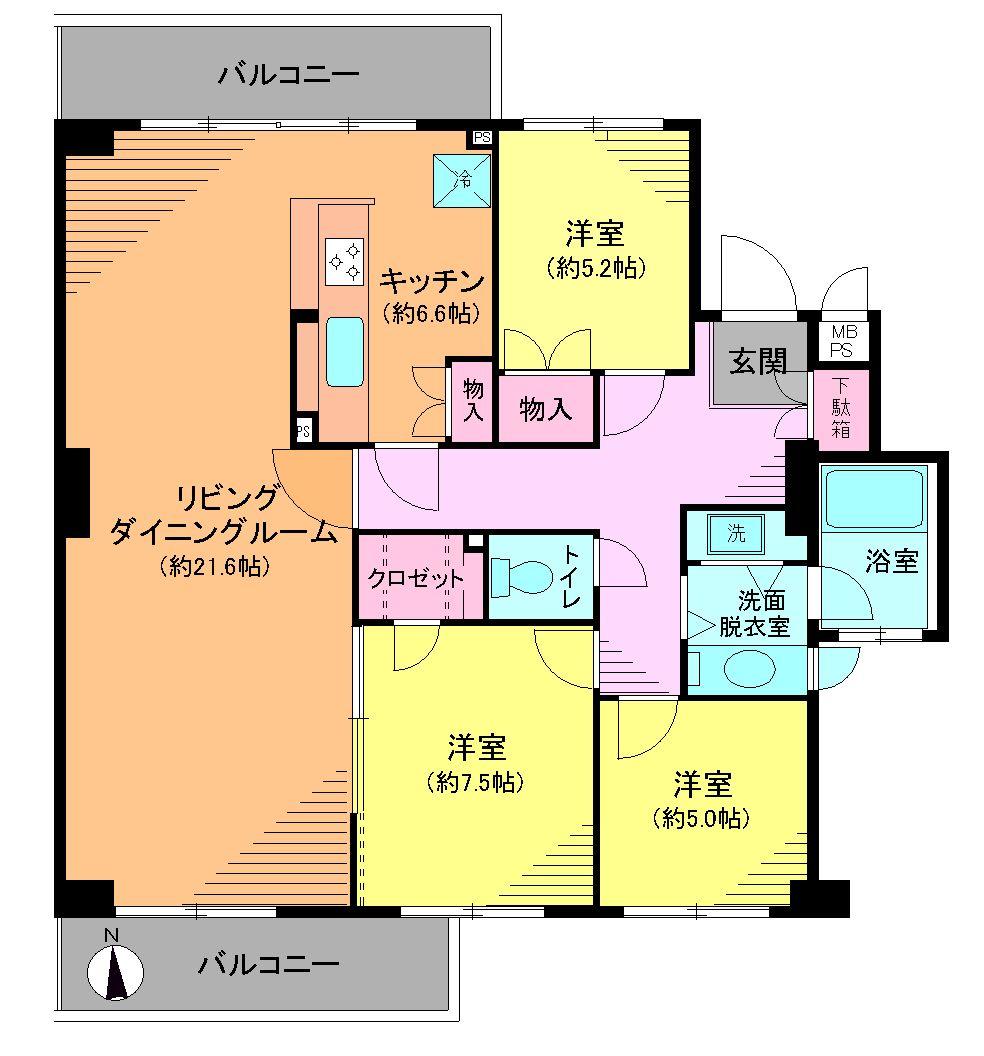 Floor plan. 3LDK, Price 29,800,000 yen, Footprint 104.77 sq m , Balcony area 14.96 sq m Floor