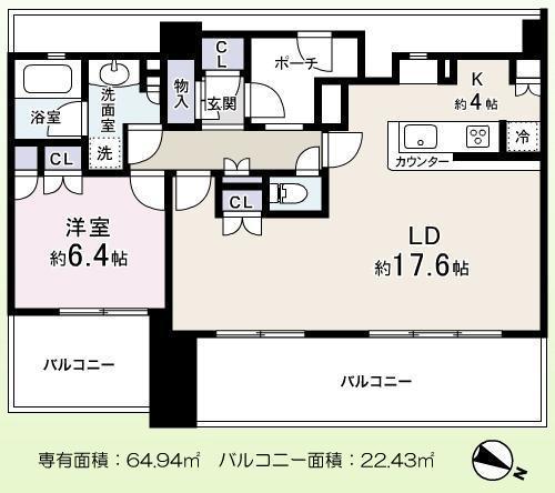 Floor plan. 1LDK, Price 31,800,000 yen, Occupied area 64.94 sq m , Balcony area 22.43 sq m