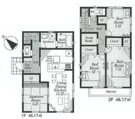 Floor plan. (1 Building), Price 43,800,000 yen, 4LDK+S, Land area 82.86 sq m , Building area 92.34 sq m