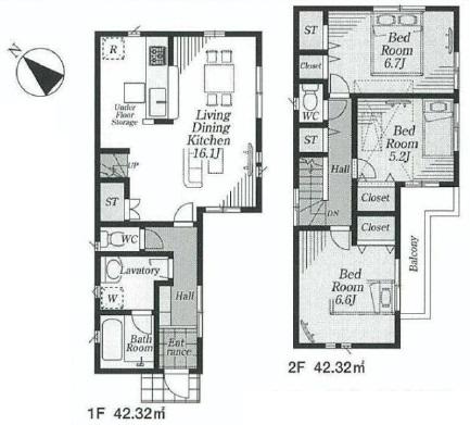 Floor plan. (Building 2), Price 42,800,000 yen, 3LDK, Land area 82.86 sq m , Building area 84.64 sq m
