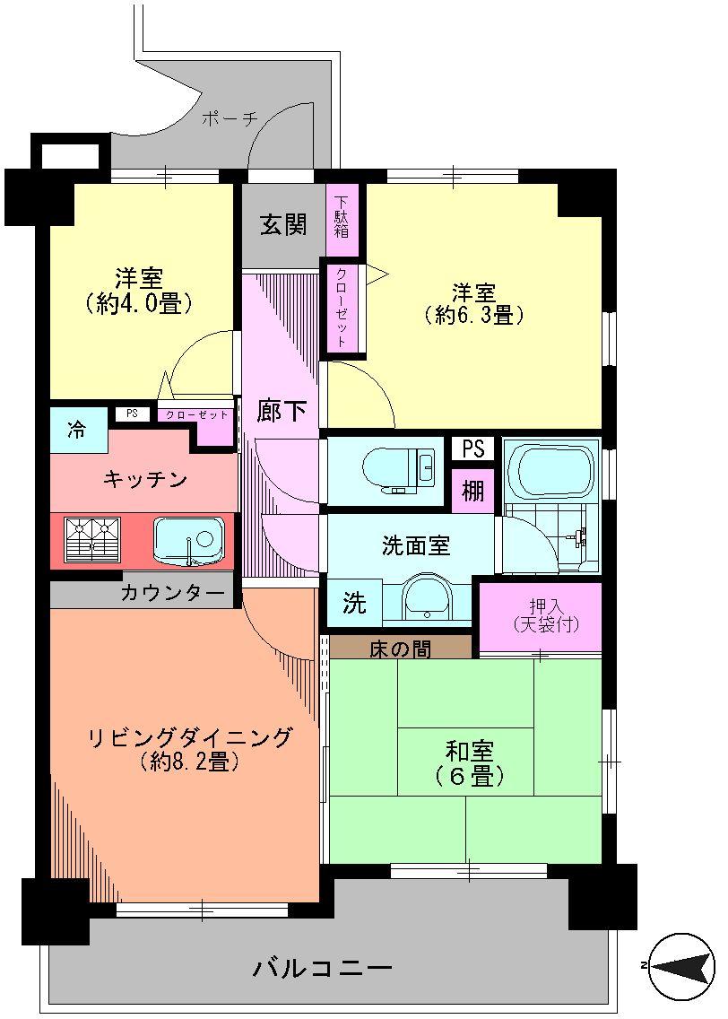 Floor plan. 3LDK, Price 26 million yen, Occupied area 61.38 sq m , Balcony area 9.33 sq m Floor