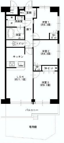 Floor plan. 3LDK, Price 26,900,000 yen, Occupied area 60.32 sq m , Balcony area 7.56 sq m Private garden, Southeast