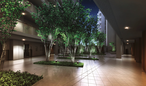Shared facilities.  [Rest of the garden terrace (courtyard)] The V-shaped space, which is surrounded by buildings, We have established a garden terrace (the courtyard). Beautiful green trees shaped people are, To create its own moisture to the inner space, You plus Mora the breath of the season. (Rendering)