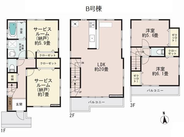 Floor plan. (B Building), Price 40,800,000 yen, 2LDK+2S, Land area 97.4 sq m , Building area 104.48 sq m