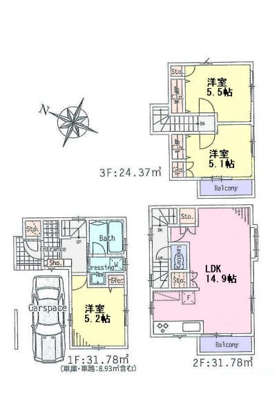 Floor plan. 39,800,000 yen, 3LDK, Land area 52.99 sq m , Building area 87.93 sq m