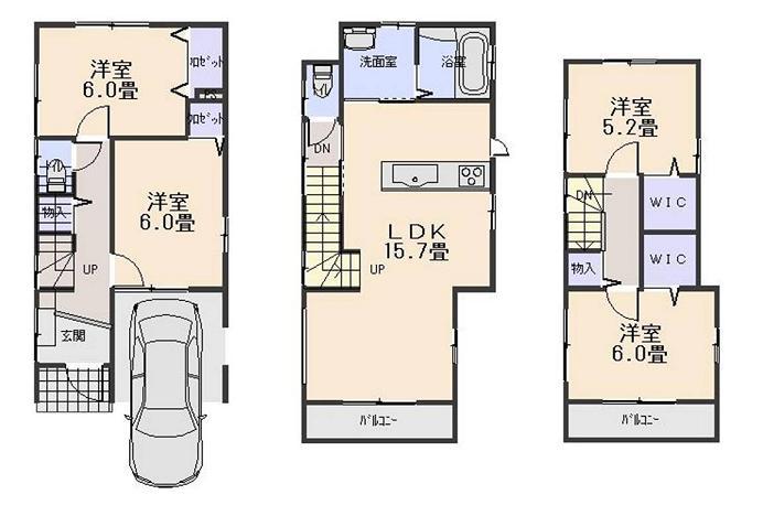 Floor plan. (3 Building), Price 44,800,000 yen, 4LDK, Land area 74.29 sq m , Building area 104.49 sq m