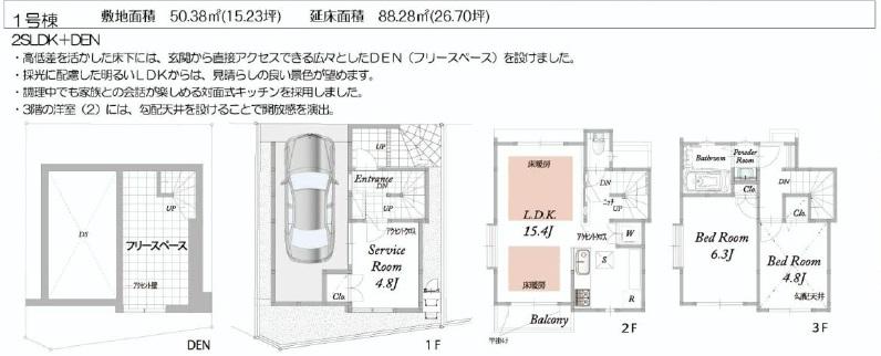 Floor plan. (1 Building), Price 36,800,000 yen, 2LDK+S, Land area 50.38 sq m , Building area 88.28 sq m