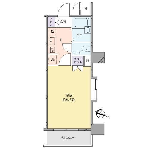 Floor plan. 1K, Price 14.7 million yen, Occupied area 24.33 sq m , Balcony area 3.41 sq m