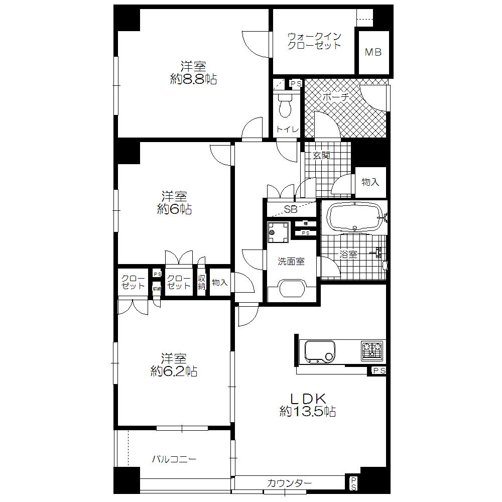 Floor plan. 3LDK, Price 34,900,000 yen, Footprint 80.3 sq m , Balcony area 6 sq m