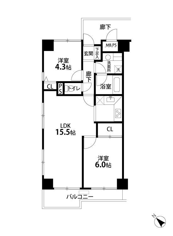 Floor plan. 2LDK, Price 22,900,000 yen, Footprint 54.5 sq m , Balcony area 6.16 sq m improved after the scheduled floor plan