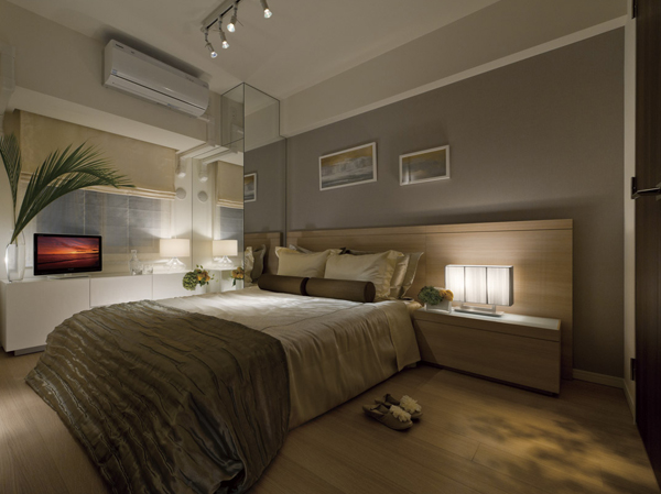 Interior.  [bedroom] Bring contented time, Calm interior. Spread peace, High-quality private space.