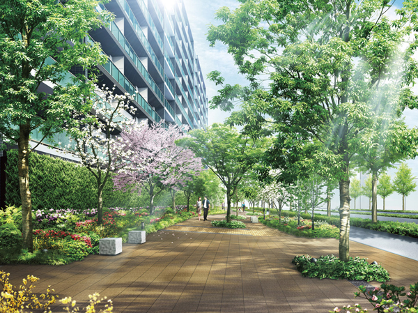 Shared facilities.  [Create a beautiful cityscape landscape, Flowers and green walking path "season walk"] spring, If KANHIZAKURA is flowering, Yulan is emit a fragrance, Bloom soon Hiradotsutsuji, Green will change to vivid of zelkova. Dogwood is in early summer, Stewartia Pseudocamellia and sequels, Crape myrtle is in midsummer. Fruit is red in Ilex rotunda in autumn, Acer palmatum will showcase the autumn leaves. "Season Walk" is, Walking path to enjoy the expression of the seasons such four seasons. In utilizing the natural texture materials and curve layout, Along with the street landscape was also considered to function as an open space. (Season walk Rendering)