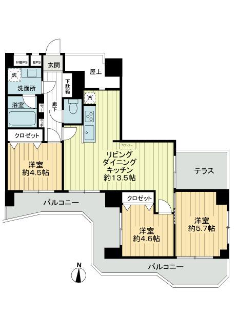 Floor plan. 3LDK, Price 27,800,000 yen, Occupied area 62.54 sq m , Balcony area 16.13 sq m