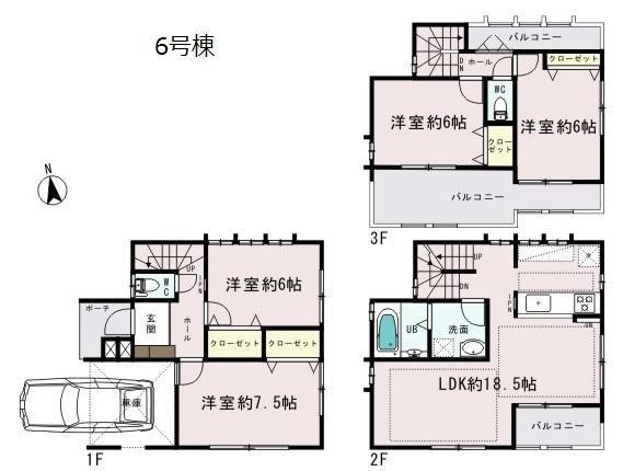 Floor plan. (6 Building), Price 54,800,000 yen, 4LDK, Land area 80.76 sq m , Building area 107.18 sq m