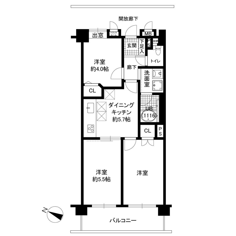 Floor plan. 3DK, Price 15.8 million yen, Occupied area 45.74 sq m , Balcony area 7.05 sq m
