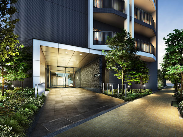 Buildings and facilities. Entrance is to create an approach by placing in a position recessed from the front road, Produce a clear. Is also subjected planted 栽計 image to bring healing and moisture in addition. (Entrance Rendering)