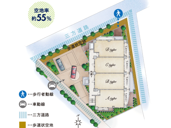Buildings and facilities. Local is highly independent and an open feeling to the birth to 3 direction land location. By ensuring about 55 percent open area rate, Subjected to fun Mel planted 栽計 picture the green scenery, Create a relaxed some space. (Site layout)
