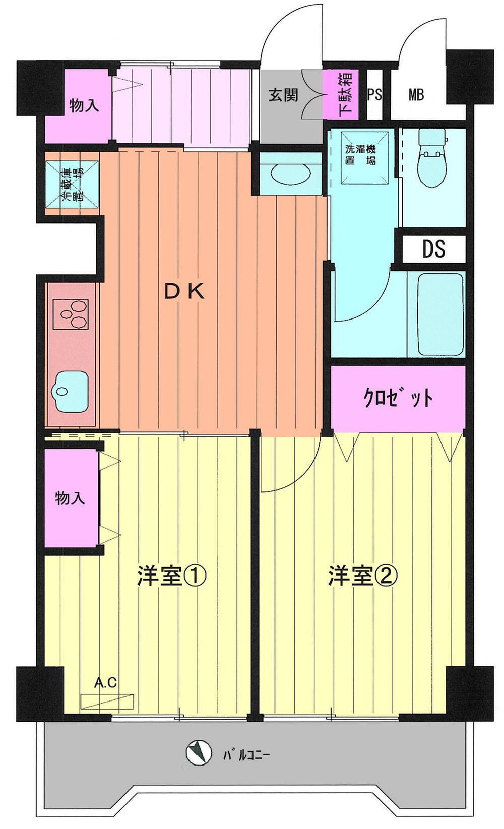 Floor plan. 2DK, Price 15.8 million yen, Occupied area 45.36 sq m , Balcony area 5.12 sq m Floor