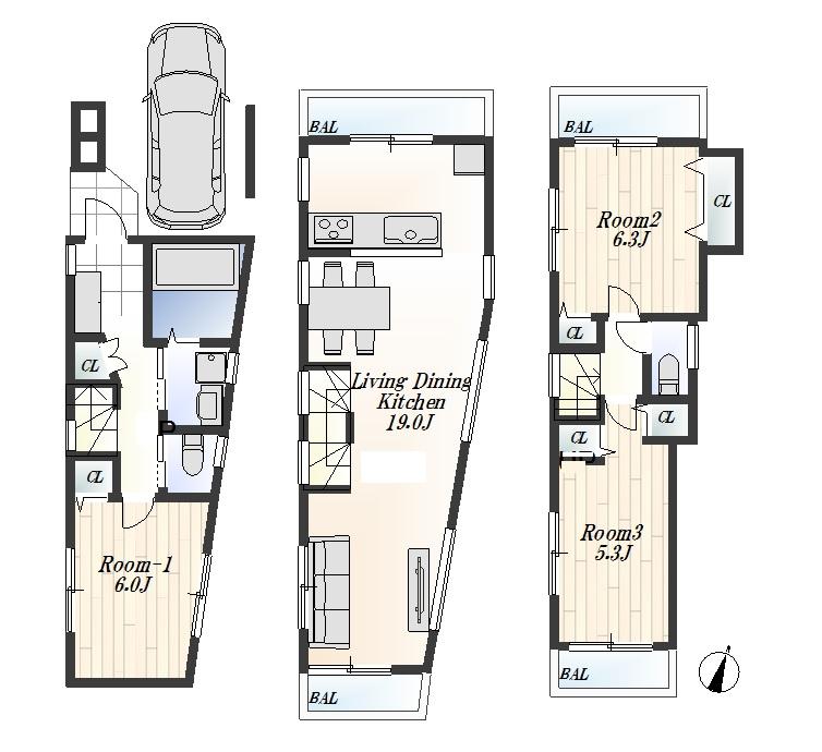 Floor plan. (A Building), Price 44,800,000 yen, 3LDK, Land area 59.42 sq m , Building area 95.39 sq m