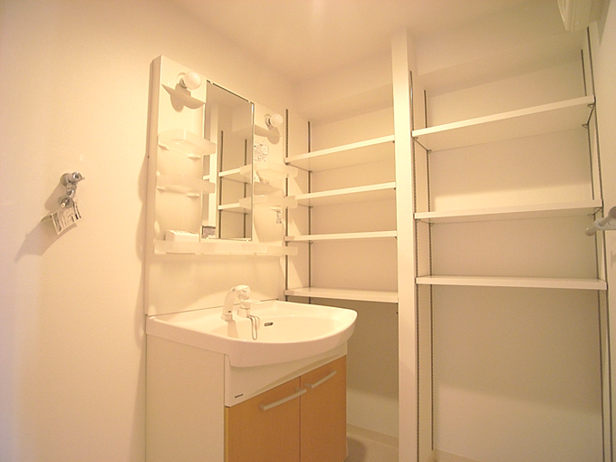 Washroom. A number of washroom washstand storage space with a shower