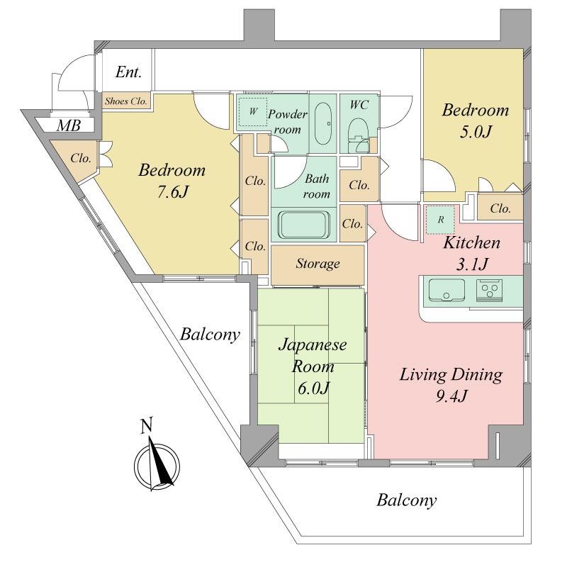 Floor plan. 3LDK, Price 34,800,000 yen, Occupied area 76.09 sq m , Balcony area 15.57 sq m