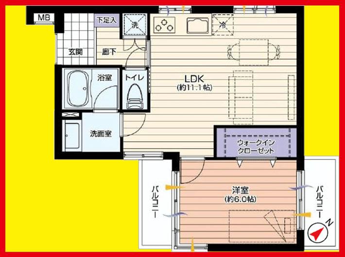 Floor plan. 1LDK, Price 12.5 million yen, Occupied area 40.95 sq m , Balcony area 5.94 sq m