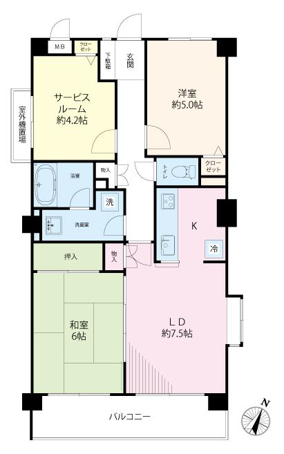 Floor plan. 2LDK + S (storeroom), Price 19,800,000 yen, Occupied area 59.28 sq m , Balcony area 7.41 sq m