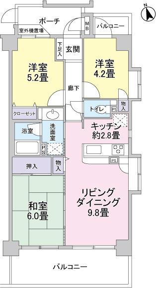 Floor plan. 3LDK, Price 21 million yen, Occupied area 60.24 sq m , The corner room of the balcony area 12.84 sq m 6 floor